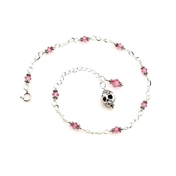 pink crystal silver skull anklet