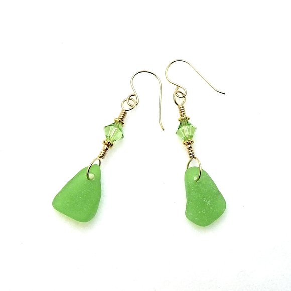 Green Sea Glass and Crystal Bead Earrings