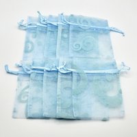 Blue Organza Bags 3x4, Small Drawstring Gift Bags with Wave Design, Sheer Pouch Jewelry Packaging