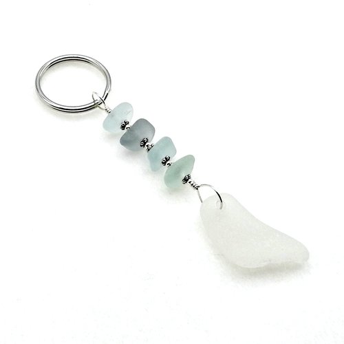 Real Sea Glass Keychain Gifts for Friends, White Pendant Handcrafted Unique Keyring 