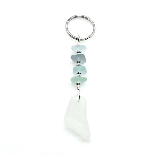 Real Sea Glass Keychain Gifts for Friends, White Pendant Handcrafted Unique Keyring 