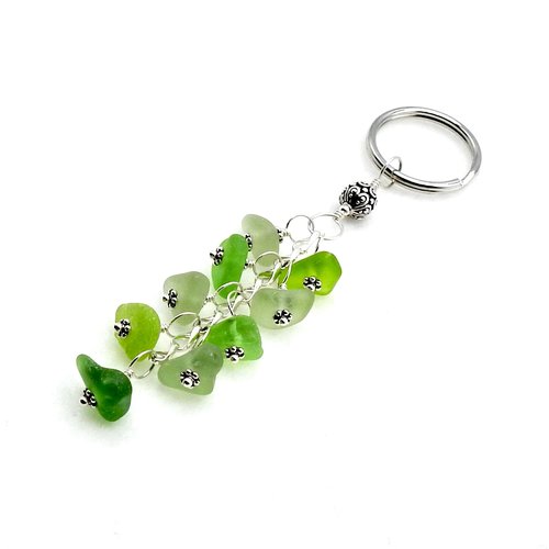 Green Beaded Keyring, Real Sea Glass Keychain, Handmade Car Key Accessories