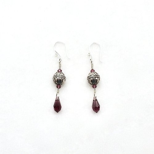 Crystal Teardrop Earrings Long Purple Pierced Silver Dangle Drops Handmade Jewelry Women's Gifts