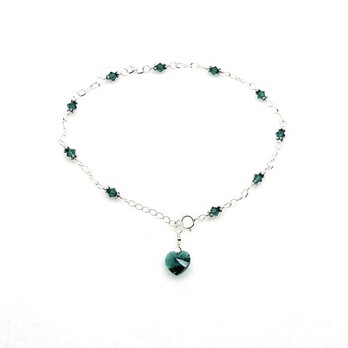Emerald Green Crystal Heart Anklet Handmade Ankle Bracelet Love Themed Jewelry 