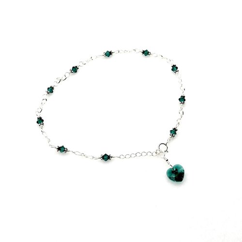 Emerald Green Crystal Heart Anklet Handmade Ankle Bracelet Love Themed Jewelry 