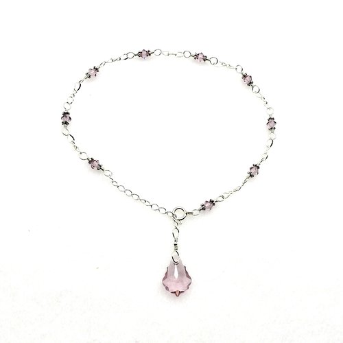 an anklet for women with light amethyst purple crystal beads and baroque charm dangle