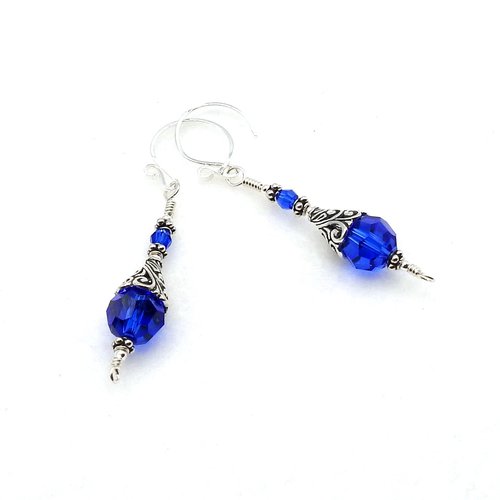 Dark Blue Earrings for Women Bali Filigree Long Silver Dangle Crystal Jewelry 