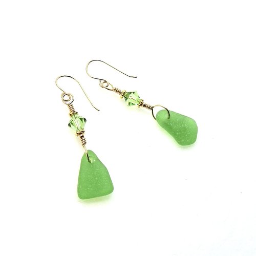 bright green sea glass gold dangle earrings