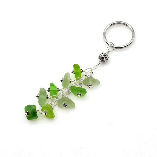 Green Beaded Keyring, Real Sea Glass Keychain, Handmade Car Key Accessories