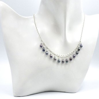 Freshwater Pearl Fringe Necklace for Women Ladies Handmade Jewelry 18 Inch Silver Iridescent Gift 
