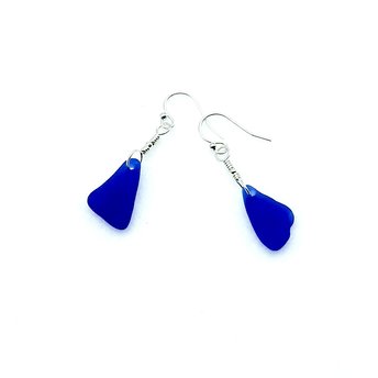 Genuine Sea Glass Earrings Cornflower and Cobalt Blue Beach Glass Jewelry Handmade Gifts